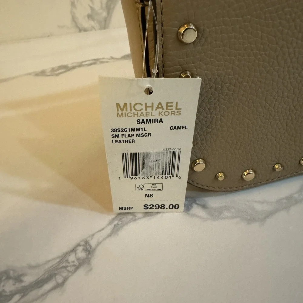 Michael Kors MK Samira Tan Purse Camel Flap Crossbody Messenger Handbag Brown